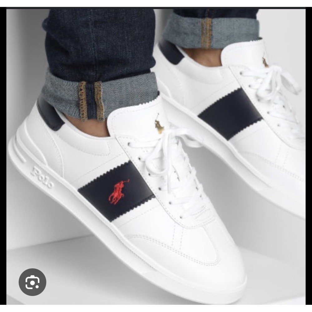 POLO Ralph Lauren Heritage Men's Web Logo Sneakers White Leather Lace Up US 14